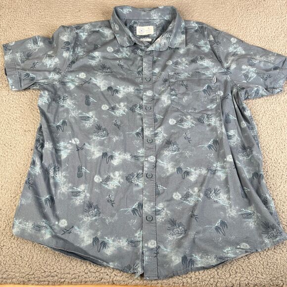 Hurley Shirt Men XL Blue Skull Floral Bird Palm Tree Button Pocket Surf Skate - Picture 3 of 14